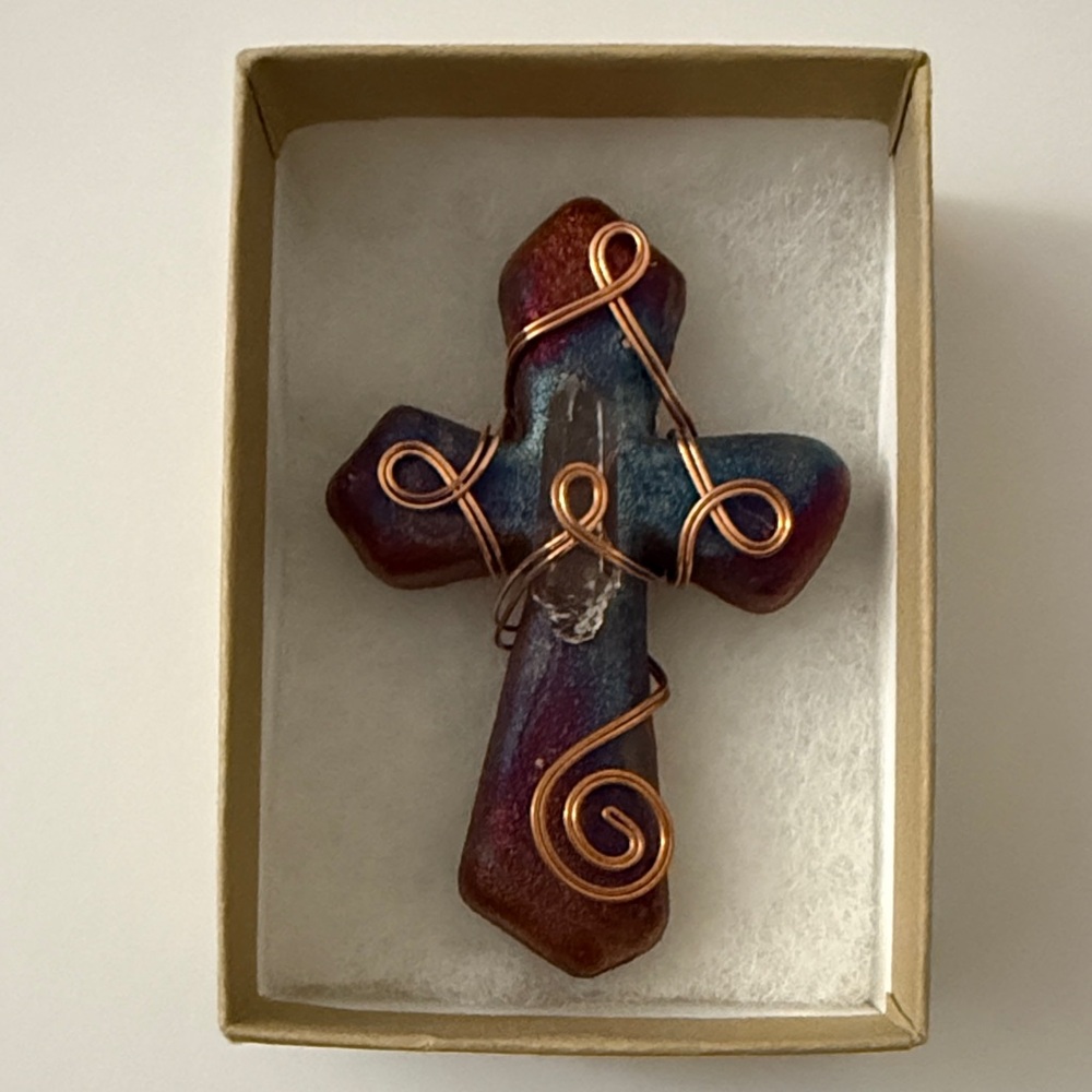 Roku Colorful Cross Pendant with Copper Wire / Clear Gem - Artist: Jeremy Diller